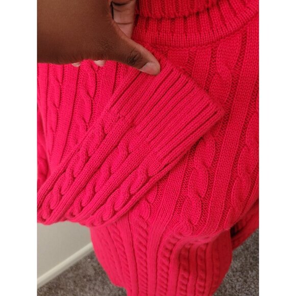 LL Bean Cable Knit Turtleneck Sweater Wmn L LS Red Christmas Holiday Fisherman - Picture 4 of 13